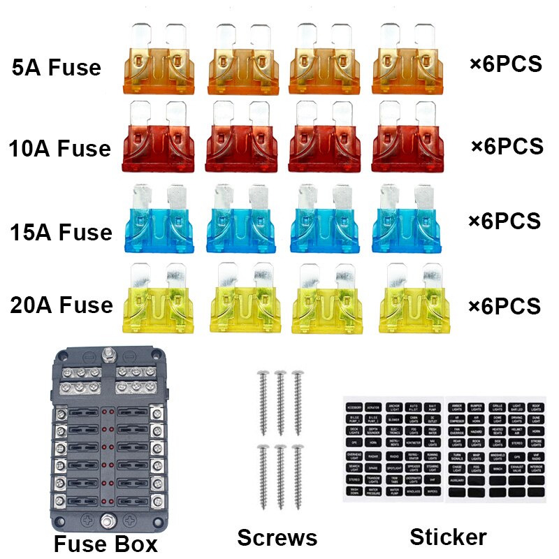 6 Ways 12 Ways Blade Fuse Block 12V 32V Fuse Box Holder M5 Stud With LED Indicator Light