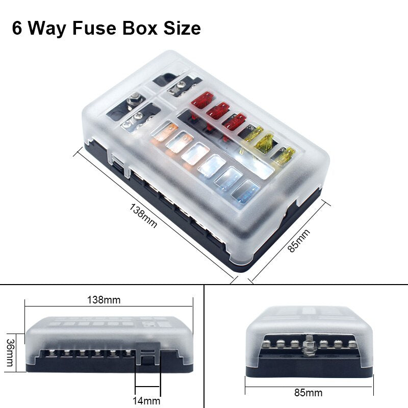 6 Ways 12 Ways Blade Fuse Block 12V 32V Fuse Box Holder M5 Stud With LED Indicator Light