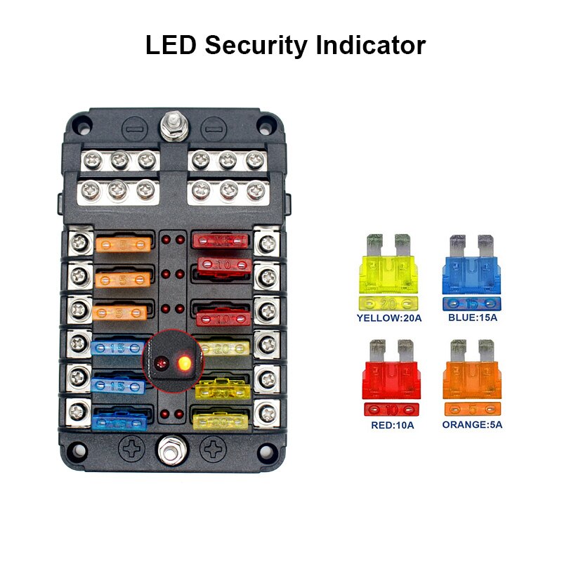 6 Ways 12 Ways Blade Fuse Block 12V 32V Fuse Box Holder M5 Stud With LED Indicator Light