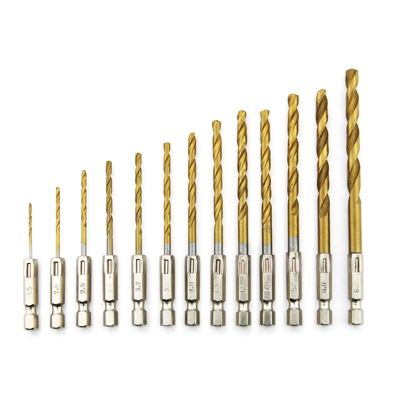 13pcs Hexagon Shank Drill Bit Set 1.5-6.5mm HSS Twist Drills Titanium Plated