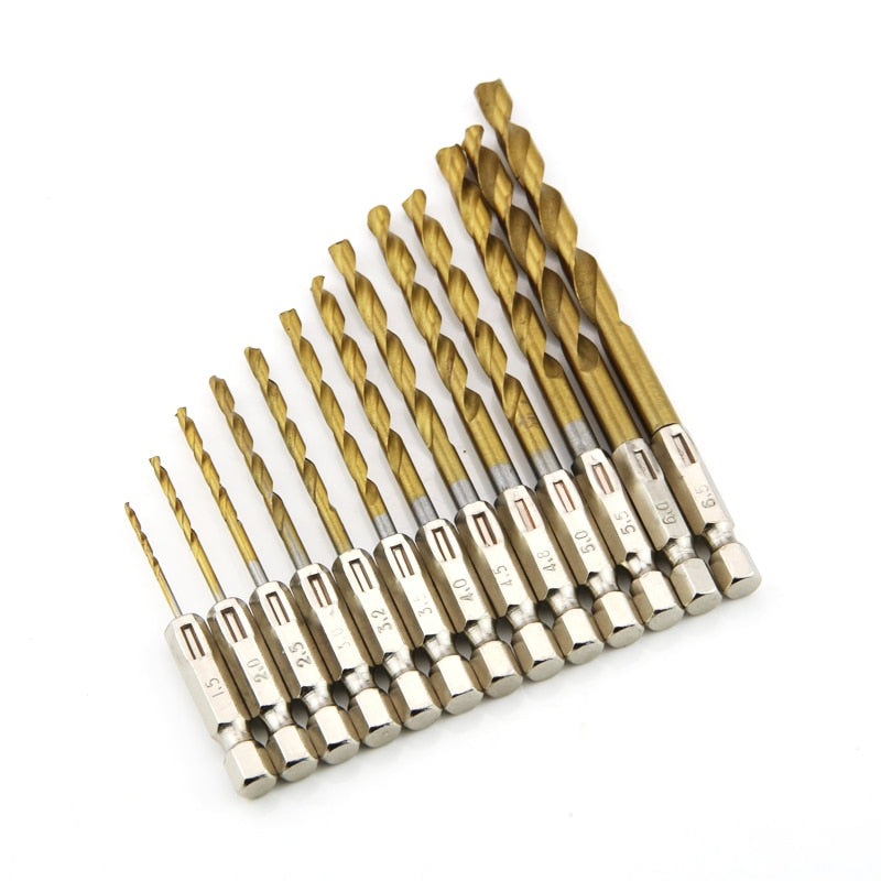 13pcs Hexagon Shank Drill Bit Set 1.5-6.5mm HSS Twist Drills Titanium Plated