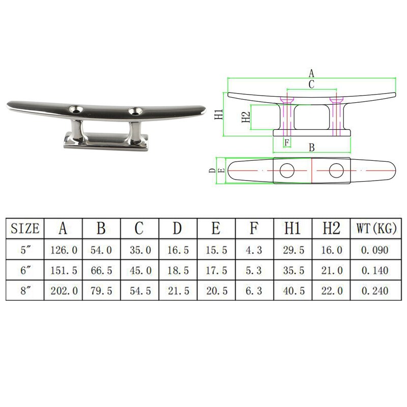 1PCS 316 Stainless Steel Mooring Cleat 5" 6" 8"  2 Hole Polished Boat Cleats