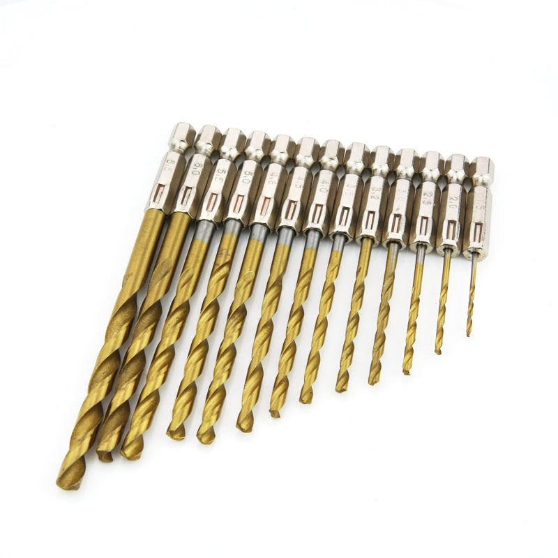 13pcs Hexagon Shank Drill Bit Set 1.5-6.5mm HSS Twist Drills Titanium Plated