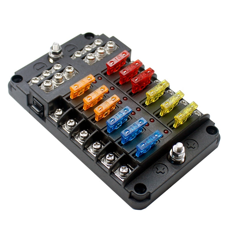 6 Ways 12 Ways Blade Fuse Block 12V 32V Fuse Box Holder M5 Stud With LED Indicator Light